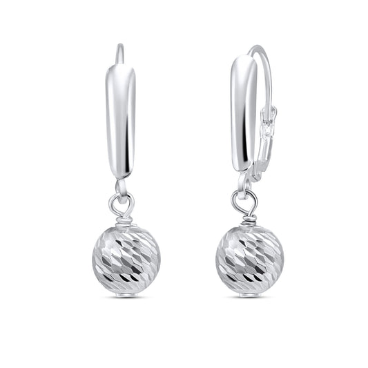 Sterling Silver 8mm Ball Beads Diamond-Cut Dangle Earrings