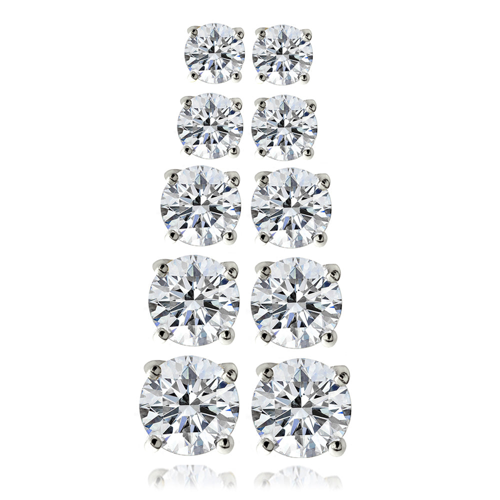 Sterling Silver 5 Pair Cubic Zirconia Round Stud Earrings