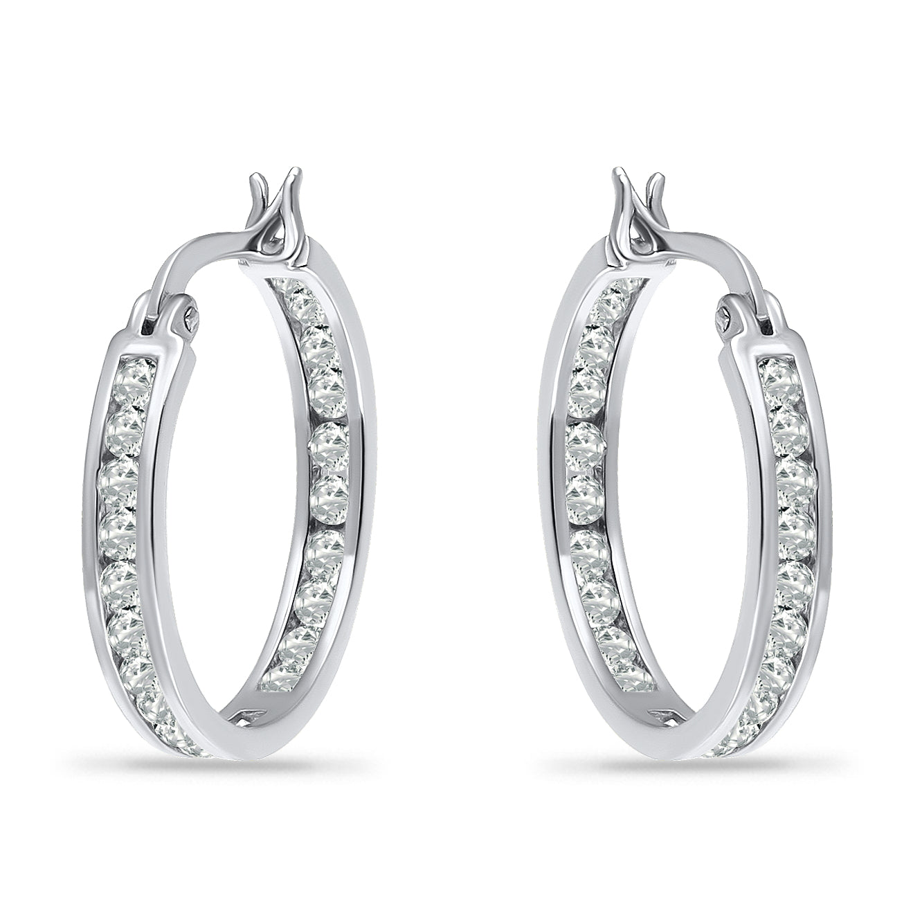 14K White Gold Plated Channel-set Cubic Hoop Earrings with Sterling Silver Posts