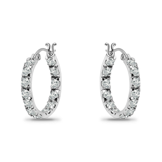 14K White Gold Plated Cubic Zirconia Inside Out Hoop Earrings with Sterling Silver Posts