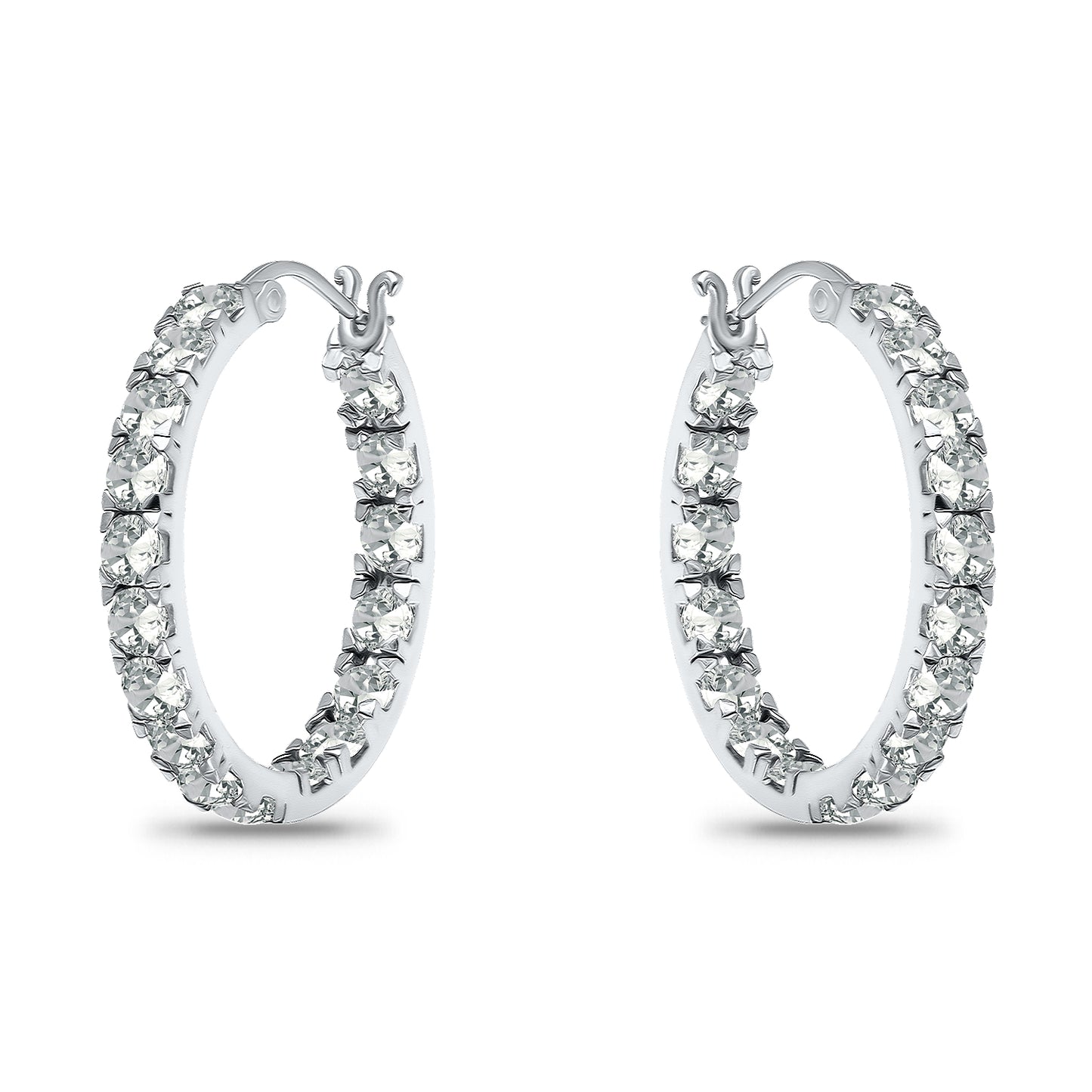 14K White Gold Plated Cubic Zirconia Inside Out Hoop Earrings with Sterling Silver Posts