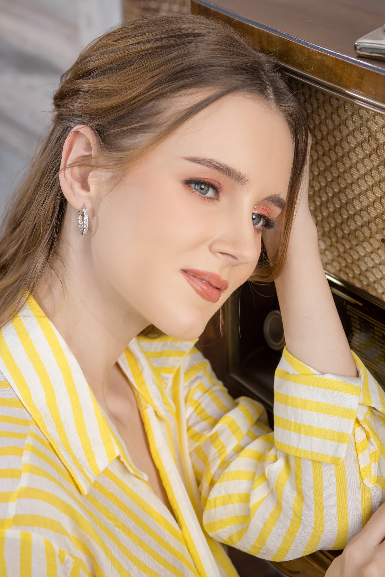 14K White Gold Plated Cubic Zirconia Inside Out Hoop Earrings with Sterling Silver Posts