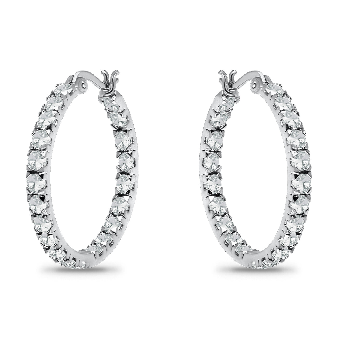 14K White Gold Plated Cubic Zirconia Inside Out Hoop Earrings with Sterling Silver Posts