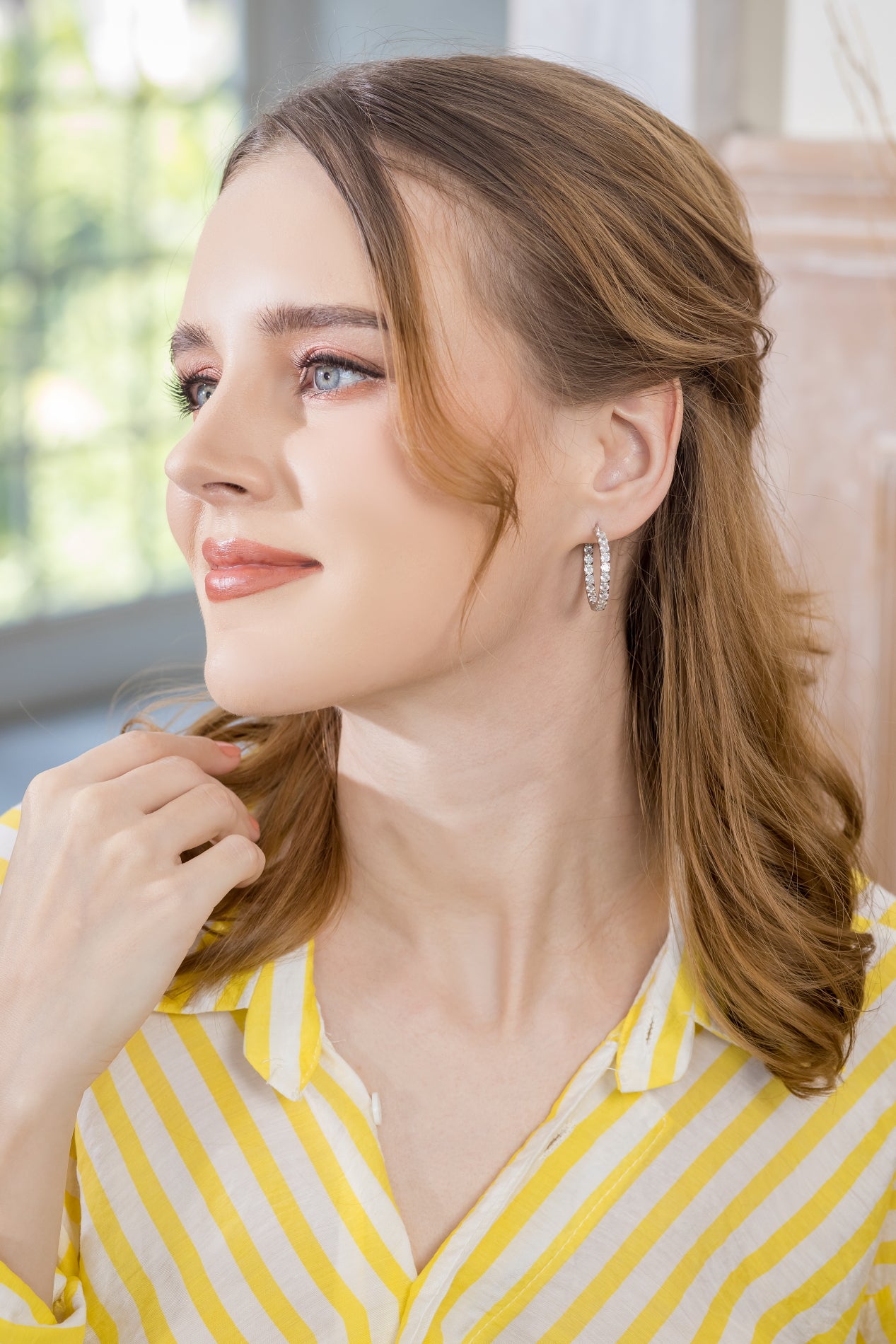 14K White Gold Plated Cubic Zirconia Inside Out Hoop Earrings with Sterling Silver Posts