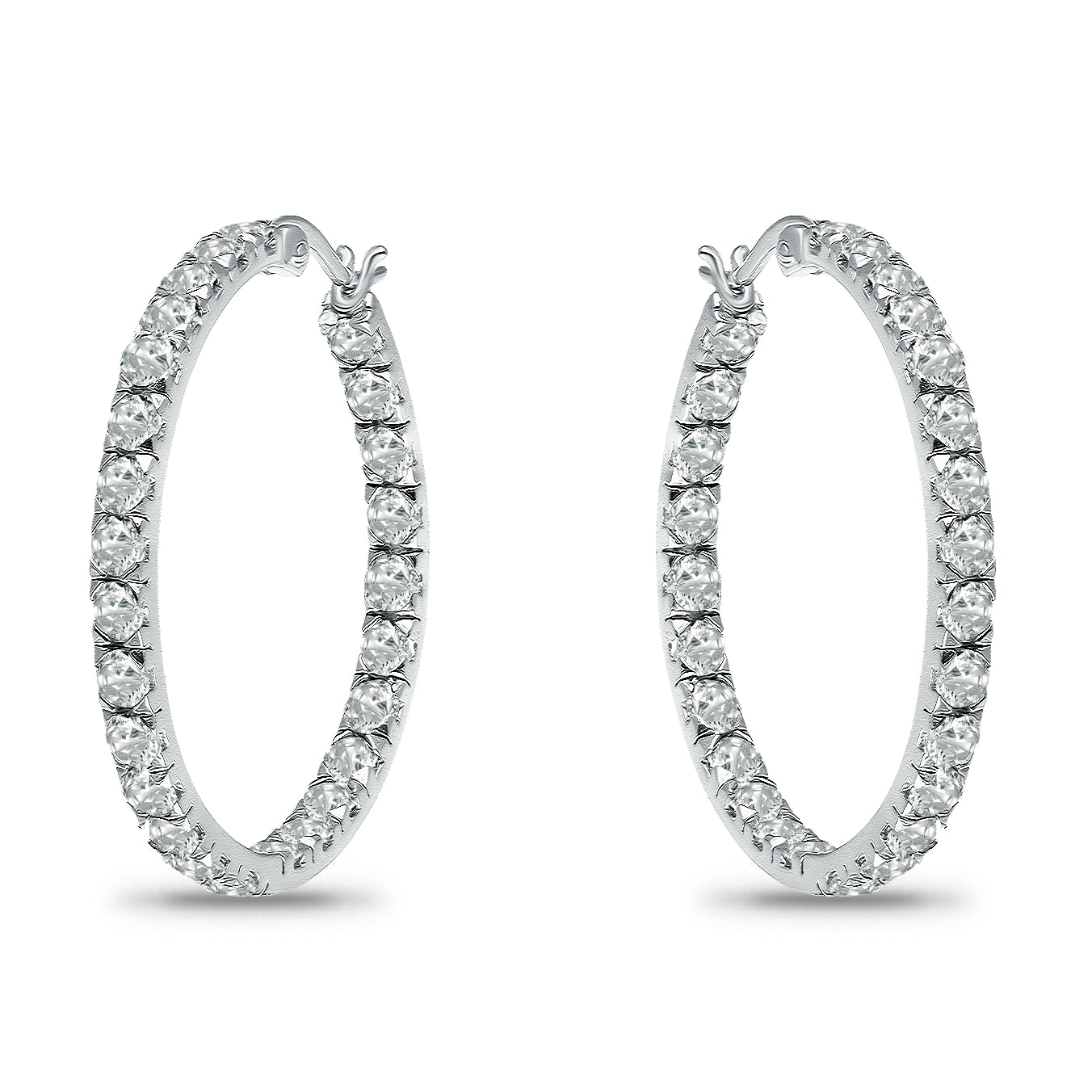 14K White Gold Plated Cubic Zirconia Inside Out Hoop Earrings with Sterling Silver Posts
