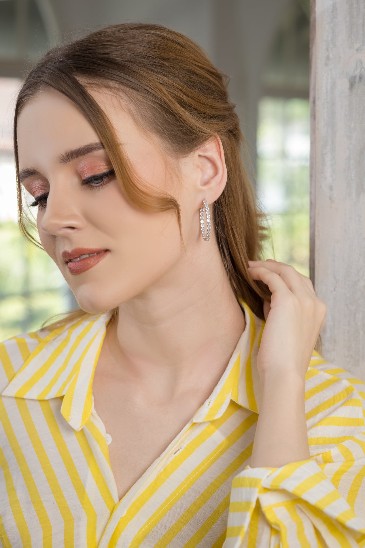 14K White Gold Plated Cubic Zirconia Inside Out Hoop Earrings with Sterling Silver Posts