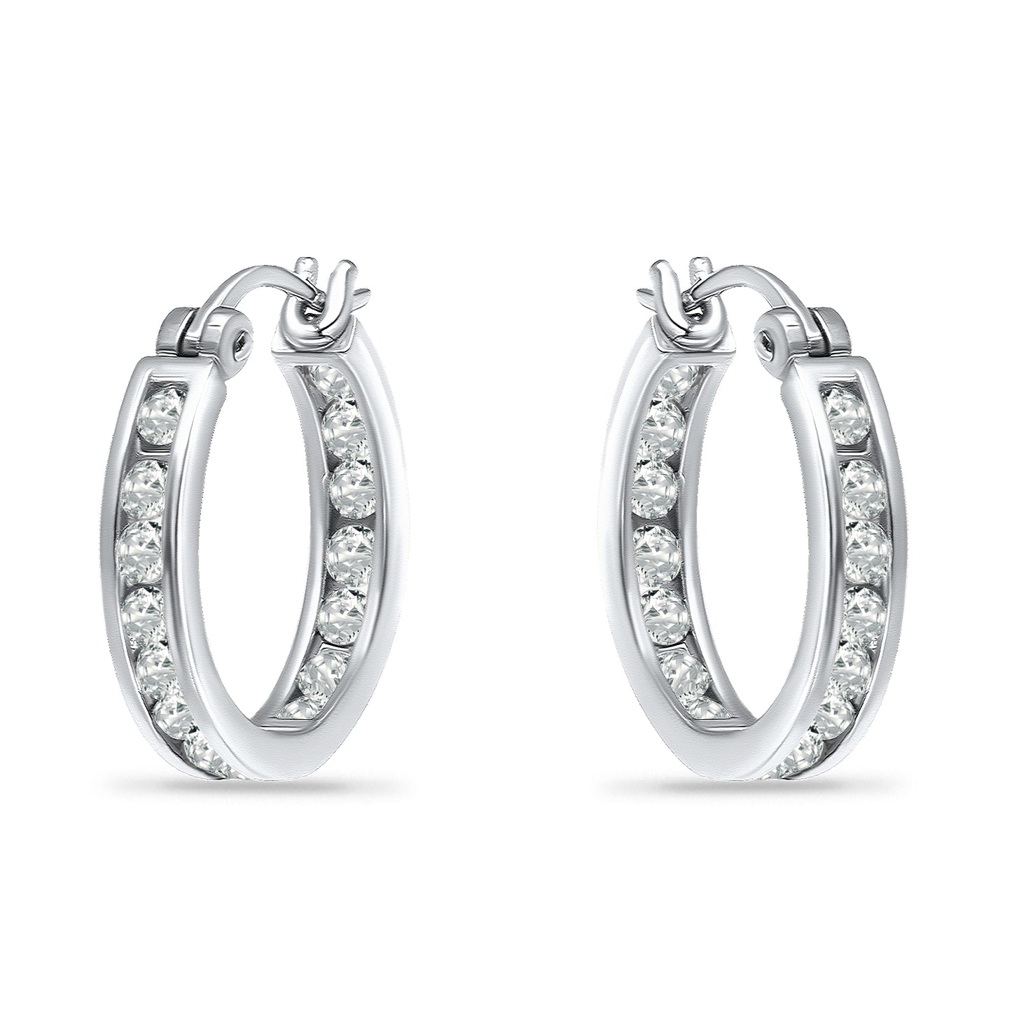 14K White Gold Plated Channel-set Cubic Hoop Earrings with Sterling Silver Posts