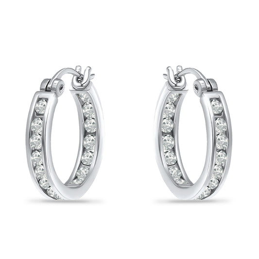 14K White Gold Plated Channel-set Cubic Hoop Earrings with Sterling Silver Posts