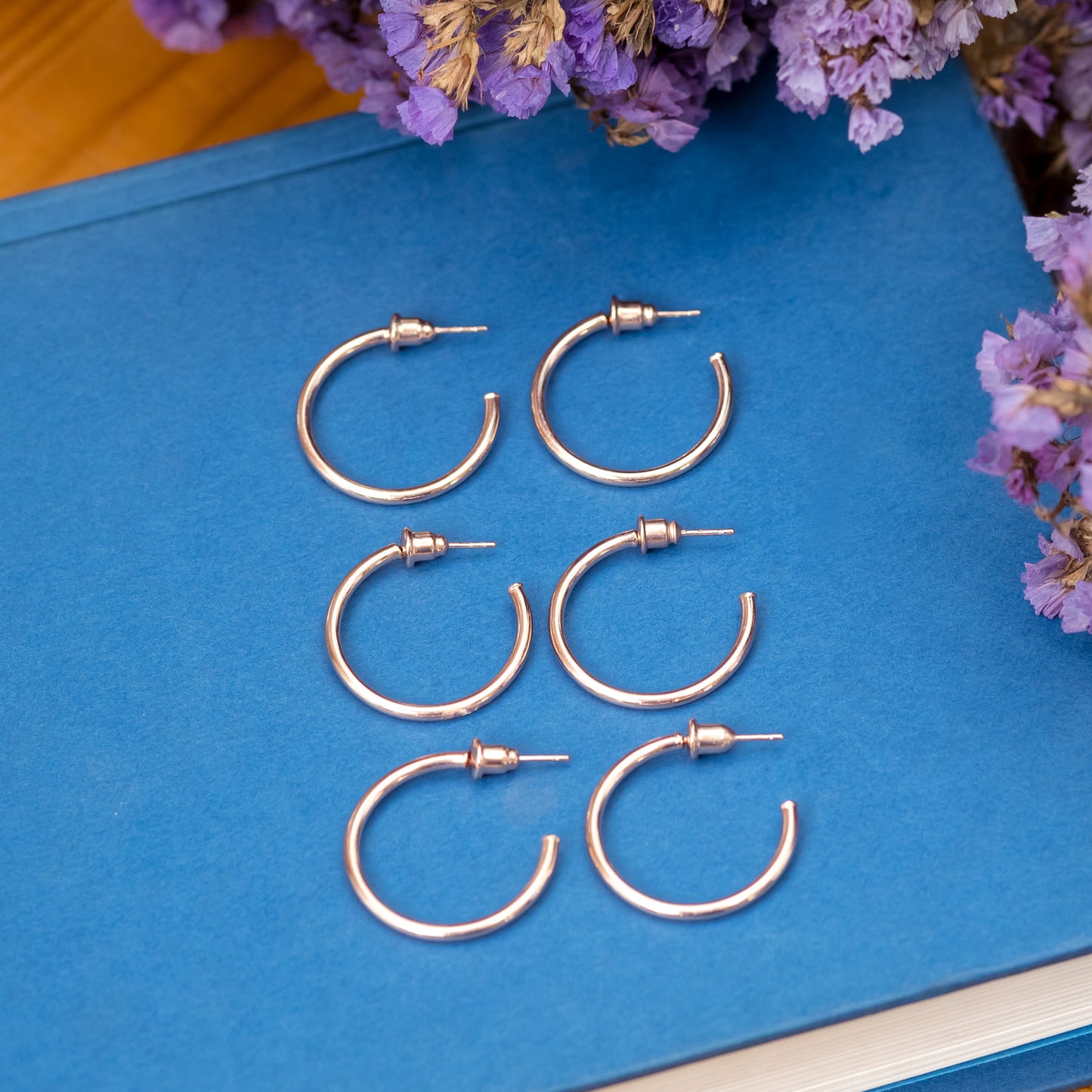 14K Gold Plated Set of 3 Lightweight Open Hoop Earrings with Sterling Silver Posts