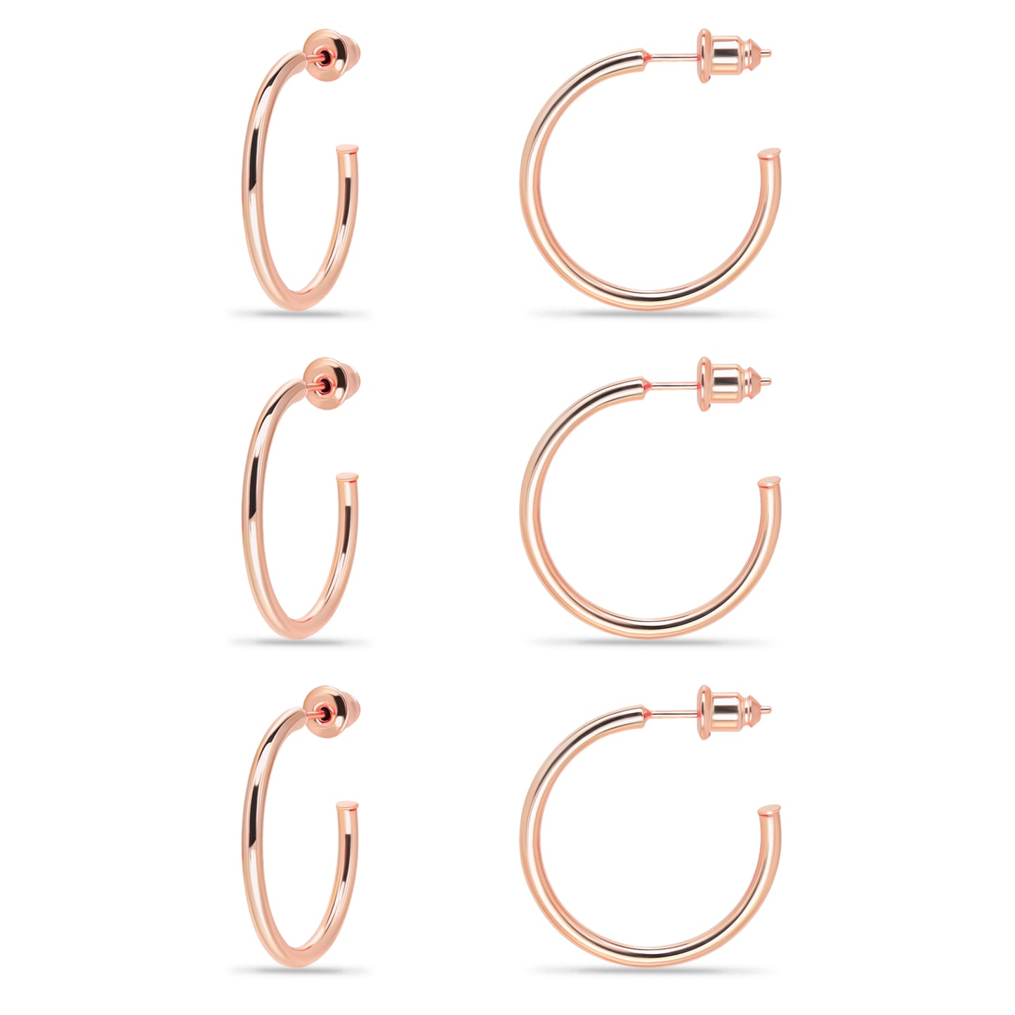 14K Gold Plated Set of 3 Lightweight Open Hoop Earrings with Sterling Silver Posts