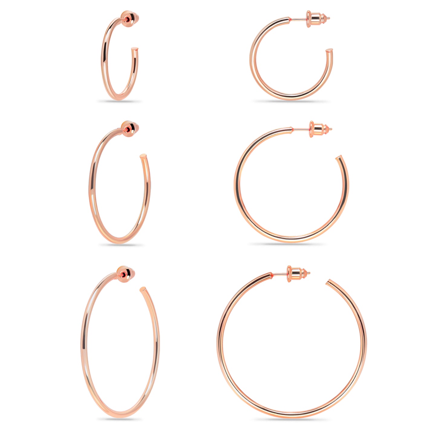 14K Gold Plated Set of 3 Lightweight Open Hoop Earrings with Sterling Silver Posts (25mm 35mm 45mm)