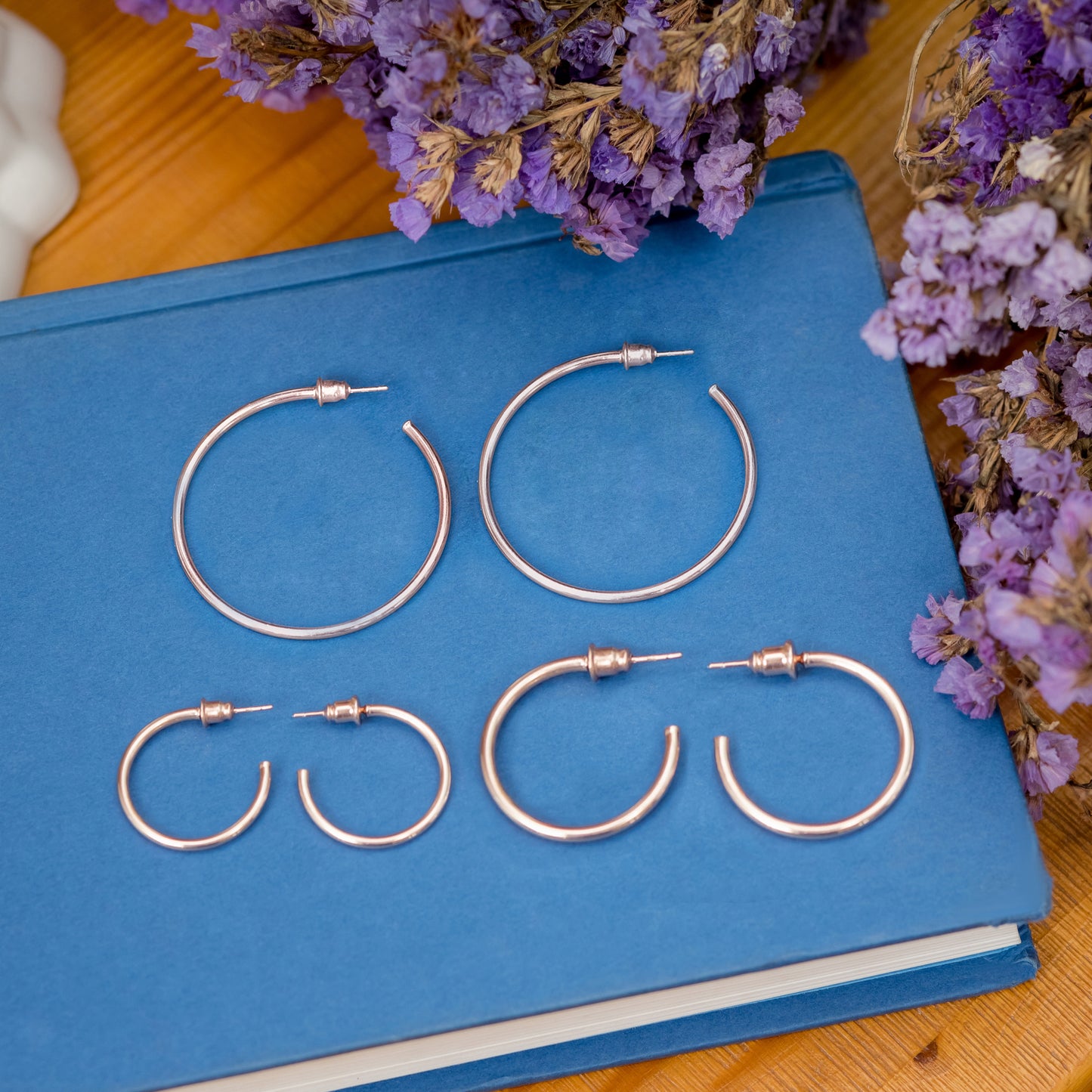 14K Gold Plated Set of 3 Lightweight Open Hoop Earrings with Sterling Silver Posts (25mm 35mm 45mm)