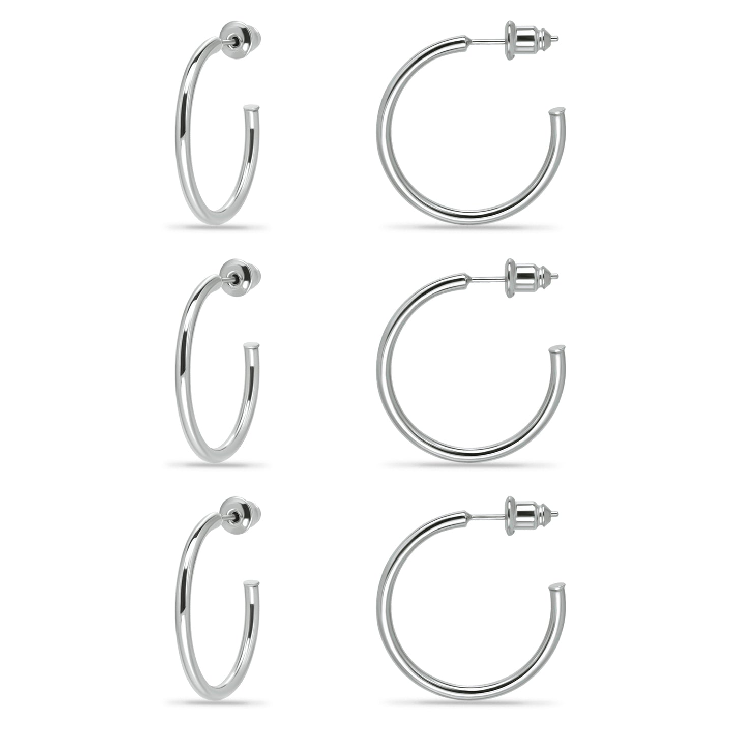 14K Gold Plated Set of 3 Lightweight Open Hoop Earrings with Sterling Silver Posts