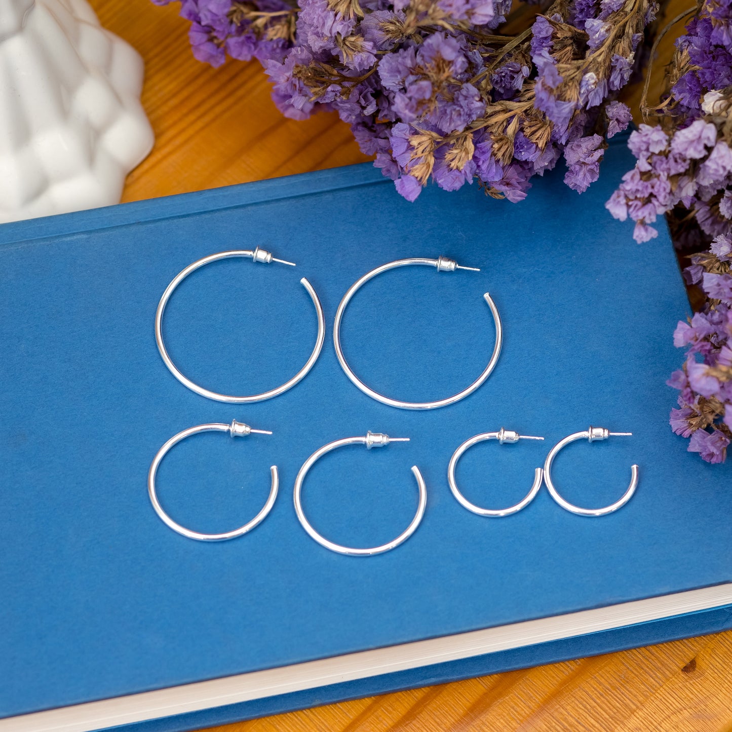 14K Gold Plated Set of 3 Lightweight Open Hoop Earrings with Sterling Silver Posts (25mm 35mm 45mm)
