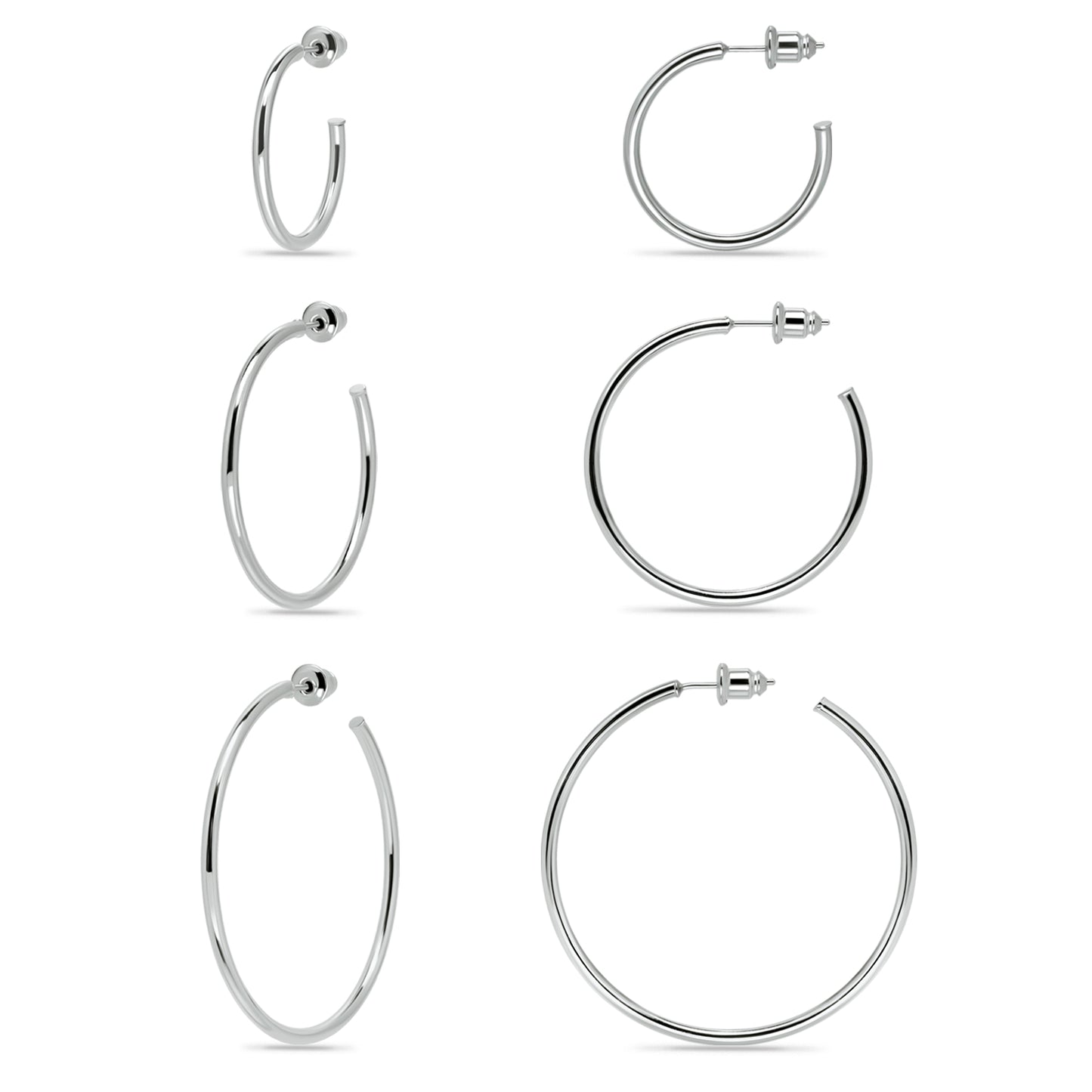 14K Gold Plated Set of 3 Lightweight Open Hoop Earrings with Sterling Silver Posts (25mm 35mm 45mm)