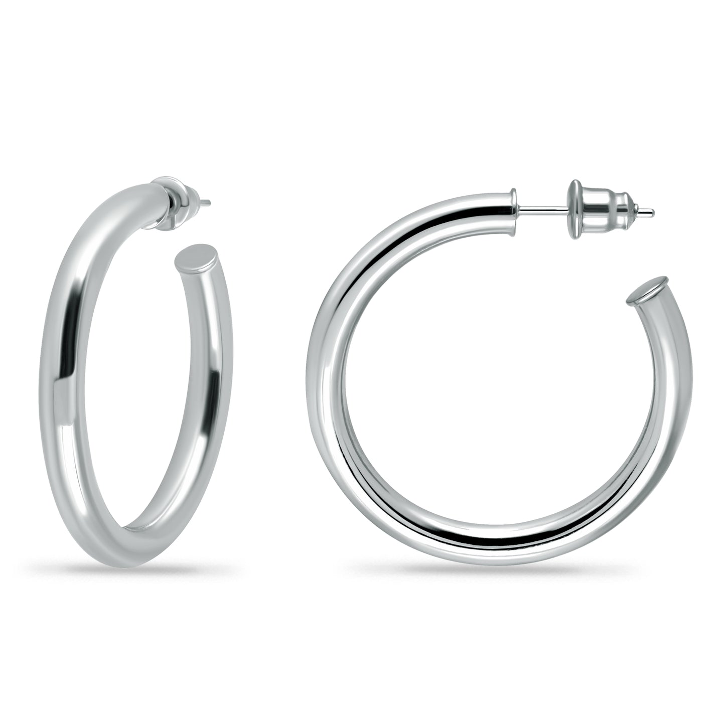 14K White Gold Plated Lightweight Chunky Open Hoop Earrings with Sterling Silver Posts