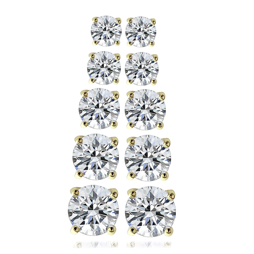 Sterling Silver 5 Pair Cubic Zirconia Round Stud Earrings