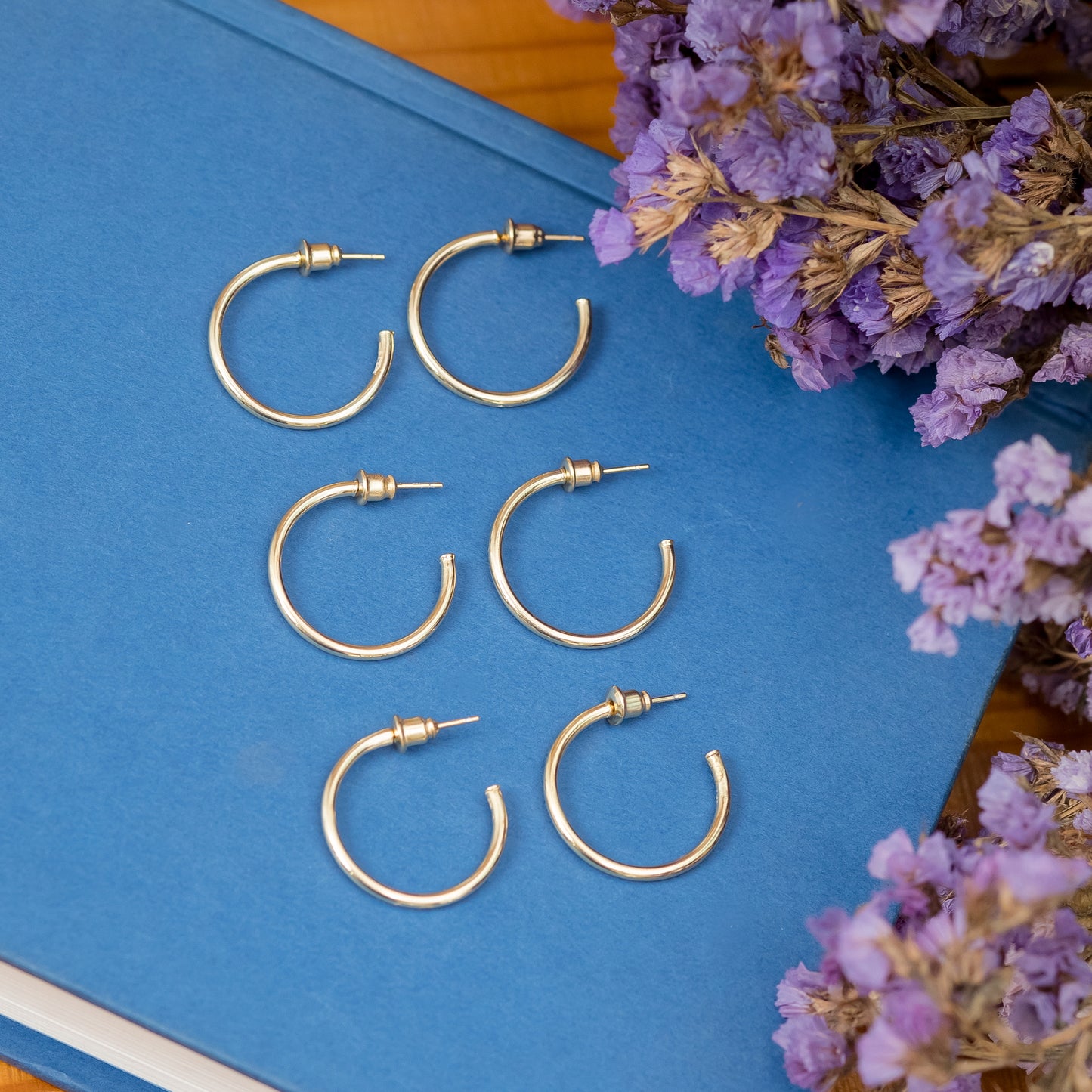 14K Gold Plated Set of 3 Lightweight Open Hoop Earrings with Sterling Silver Posts