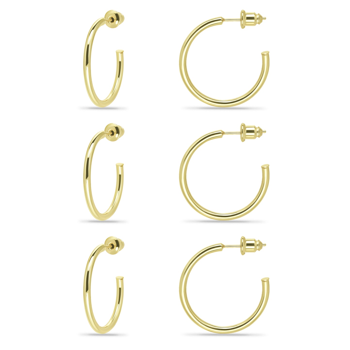 14K Gold Plated Set of 3 Lightweight Open Hoop Earrings with Sterling Silver Posts