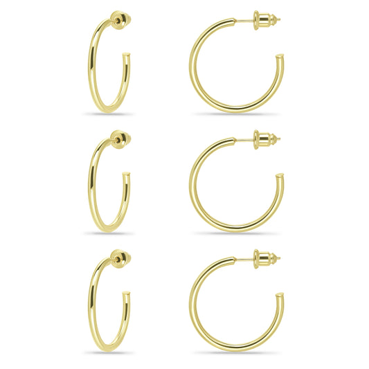 14K Gold Plated Set of 3 Lightweight Open Hoop Earrings with Sterling Silver Posts