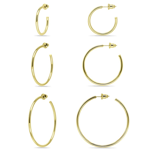 14K Gold Plated Set of 3 Lightweight Open Hoop Earrings with Sterling Silver Posts (25mm 35mm 45mm)