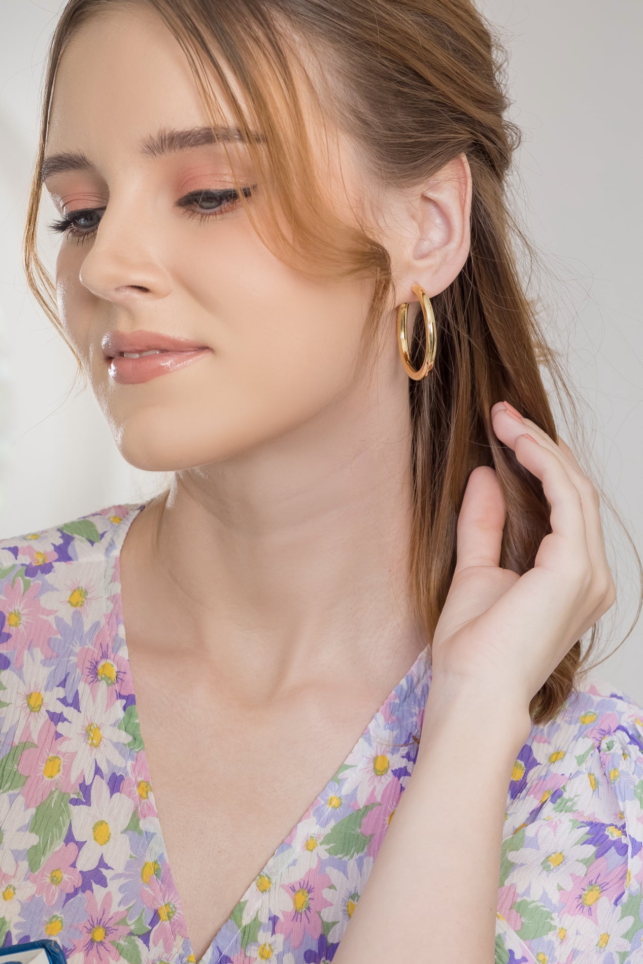 14K Gold Plated Lightweight Chunky Open Hoop Earrings with Sterling Silver Posts