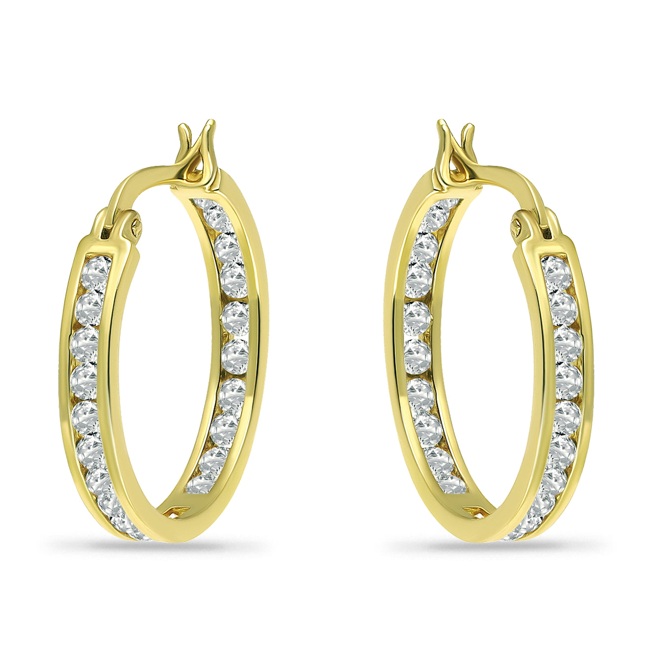 14K Gold Plated Channel-set Cubic Hoop Earrings with Sterling Silver Posts