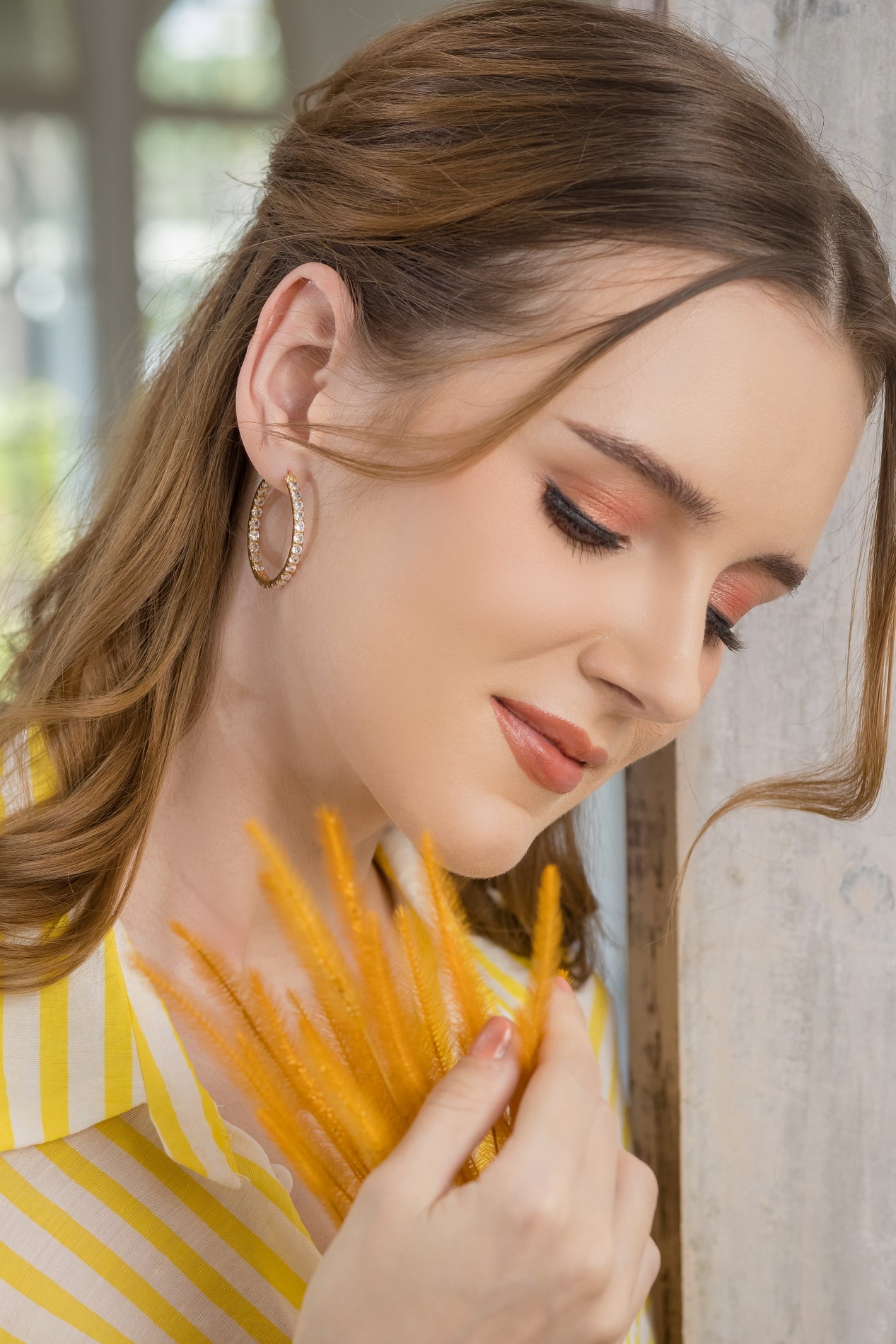 14K Gold Plated Cubic Zirconia Inside Out Hoop Earrings with Sterling Silver Posts