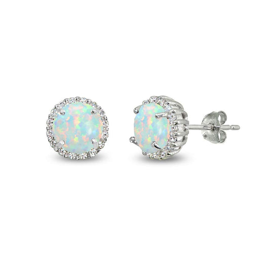 Sterling Silver Round Halo White Opal Stud Earrings
