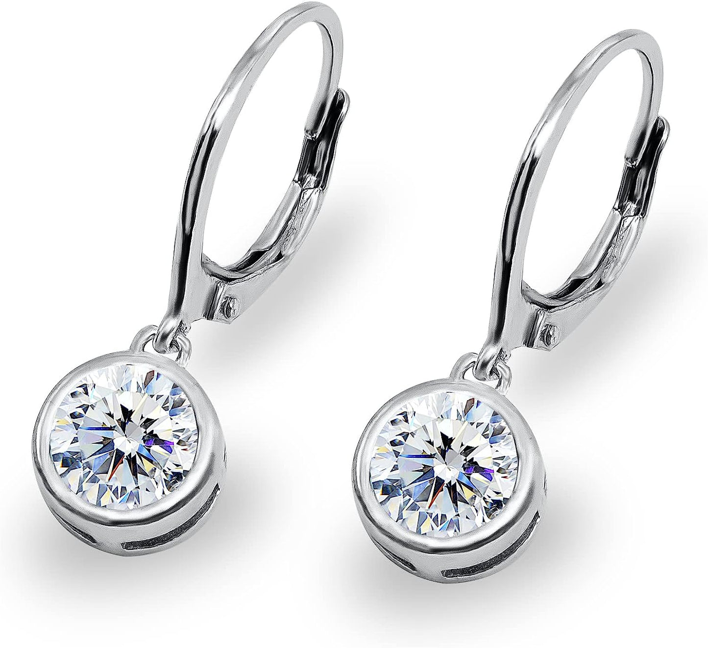 Sterling Silver Round Bezel-Set Sparkling AAA Cubic Zirconia Dainty Dangle Earrings