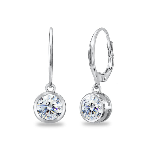 Sterling Silver Round Bezel-Set Sparkling AAA Cubic Zirconia Dainty Dangle Earrings