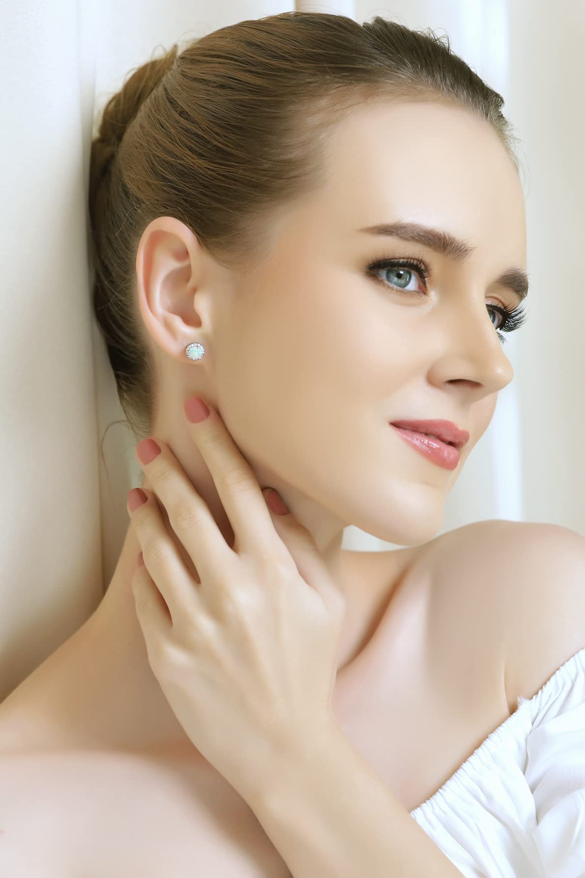 Sterling Silver Round Halo White Opal Stud Earrings