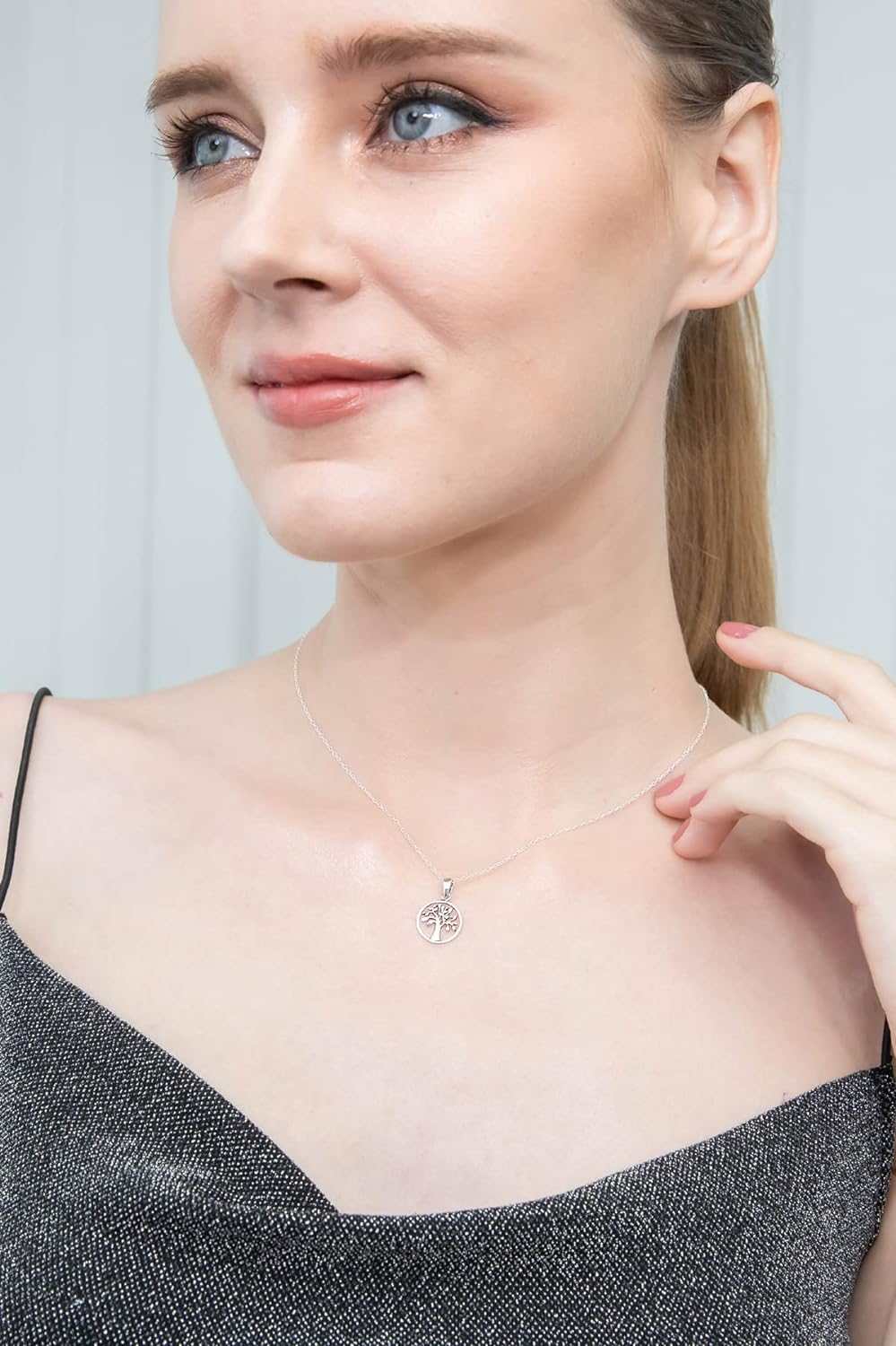 Sterling Silver Polished Tree of Life Dainty Choker Short Necklace
