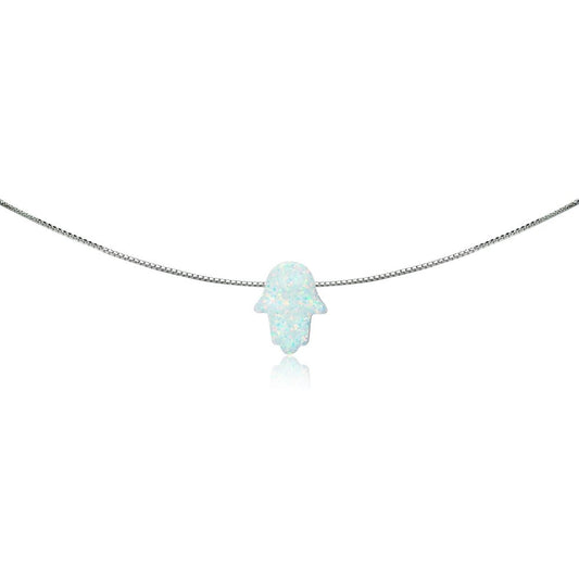 Sterling Silver White Opal Hamsa Hand Short Dainty Collar Necklace