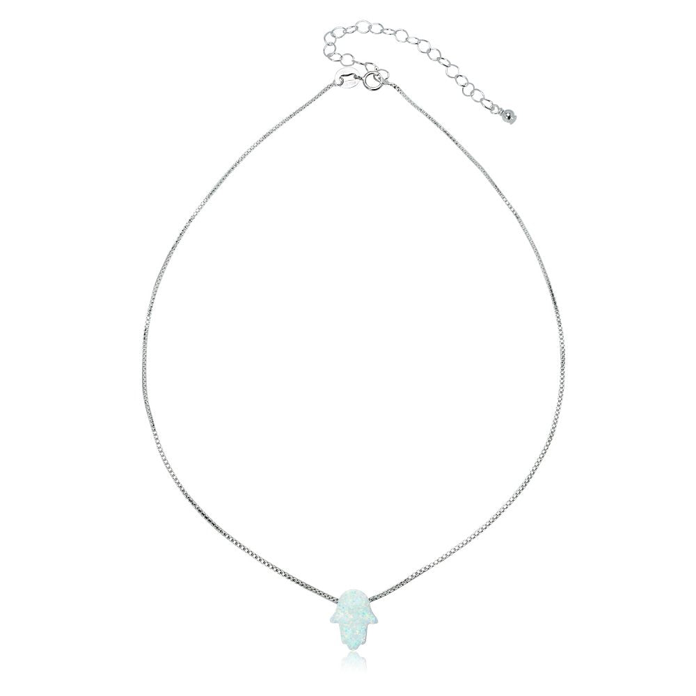 Sterling Silver White Opal Hamsa Hand Short Dainty Collar Necklace