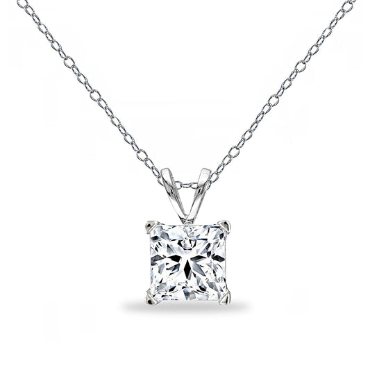 Sterling Silver AAA Cubic Zirconia Princess-Square Solitaire Pendant Necklace