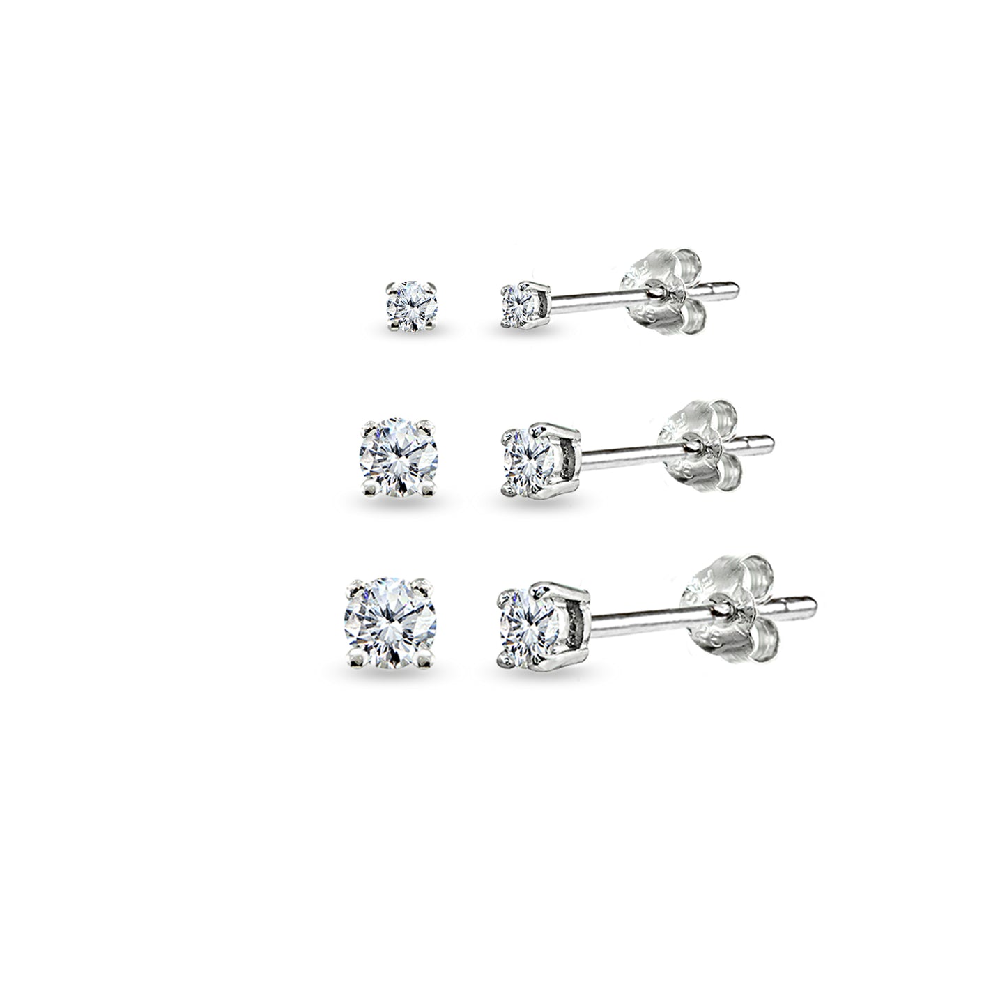 Sterling Silver Cubic Zirconia 2mm, 3mm and 4mm Round Stud Earrings Set
