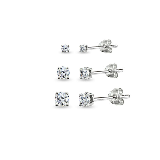 Sterling Silver Cubic Zirconia 2mm, 3mm and 4mm Round Stud Earrings Set