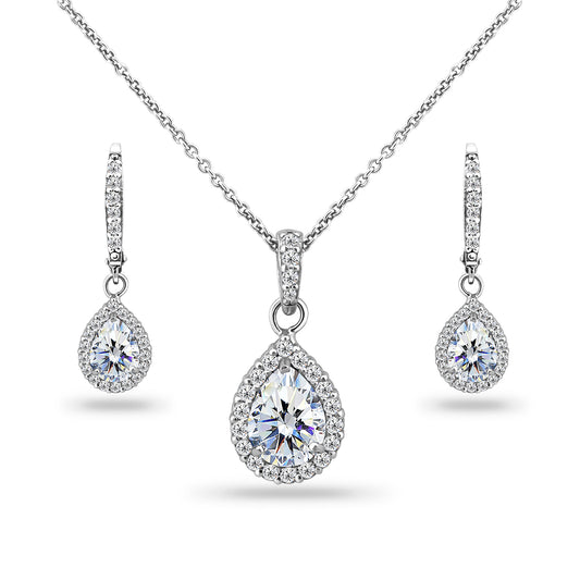 Cubic Zirconia Halo Dainty Pear Teardrop Necklace & Earrings Sterling Silver Jewelry Set for Women Girls