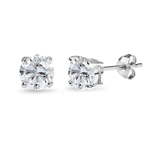 Sterling Silver Simulated White Sapphire 6mm Round Stud Earrings