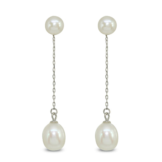 Sterling Silver Freshwater Cultured White Pearl Chain Trendy Drop Dangle Earrings