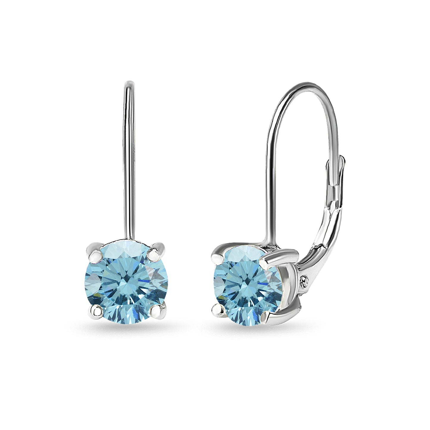 Sterling Silver Light Blue European Crystal Round-cut Leverback Earrings