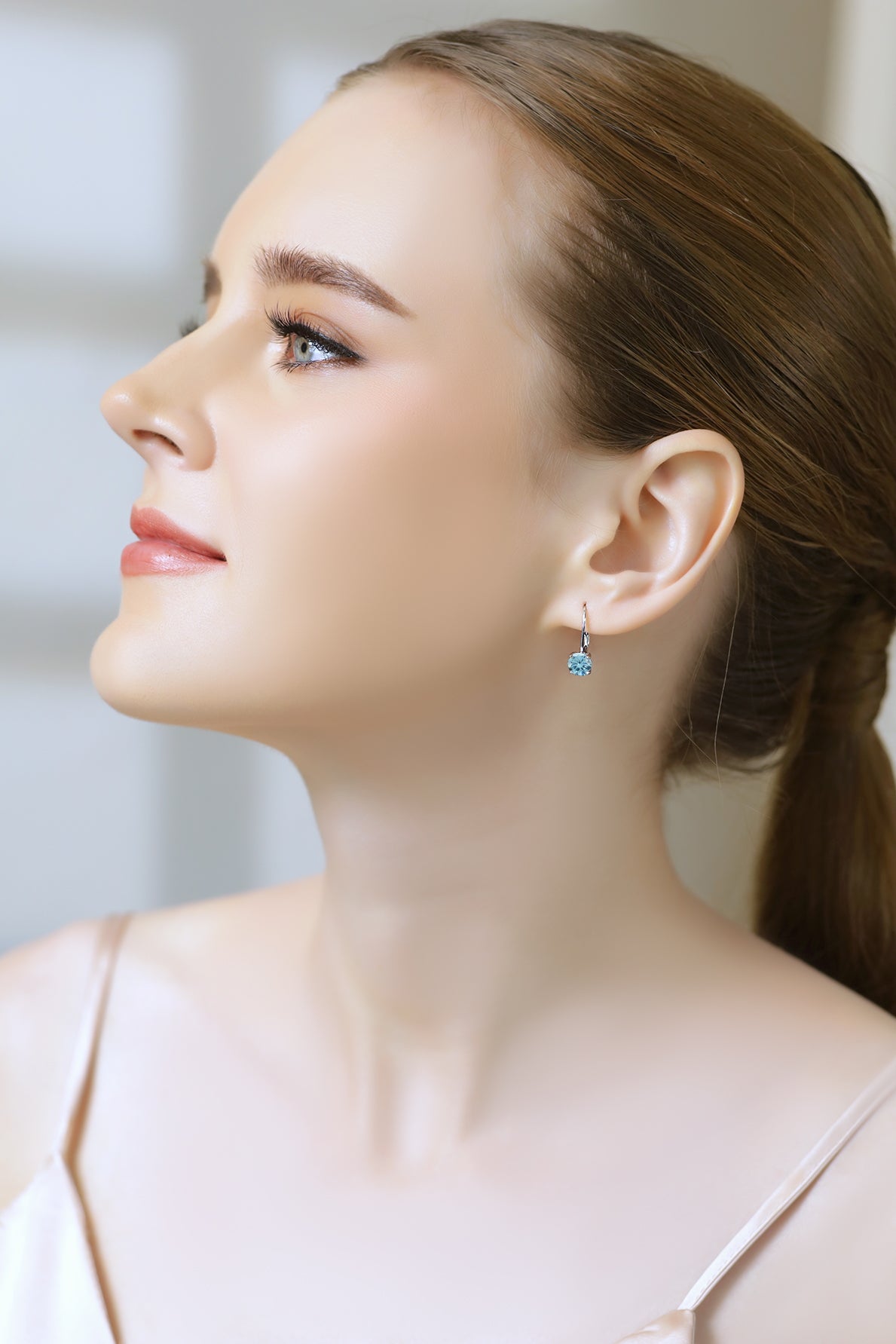 Sterling Silver Light Blue European Crystal Round-cut Leverback Earrings