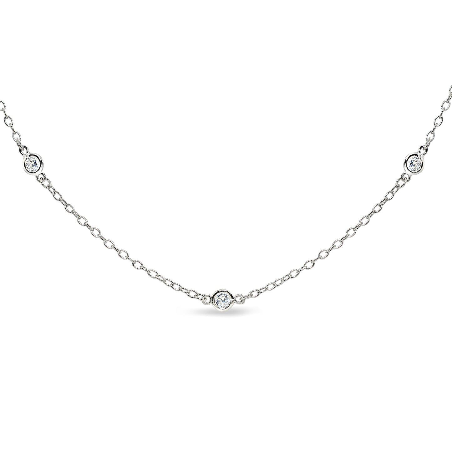 Sterling Silver Cubic Zirconia Station Layered Dainty Chain Choker Necklace