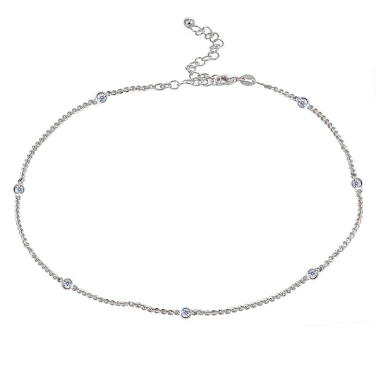 Sterling Silver Cubic Zirconia Station Layered Dainty Chain Choker Necklace