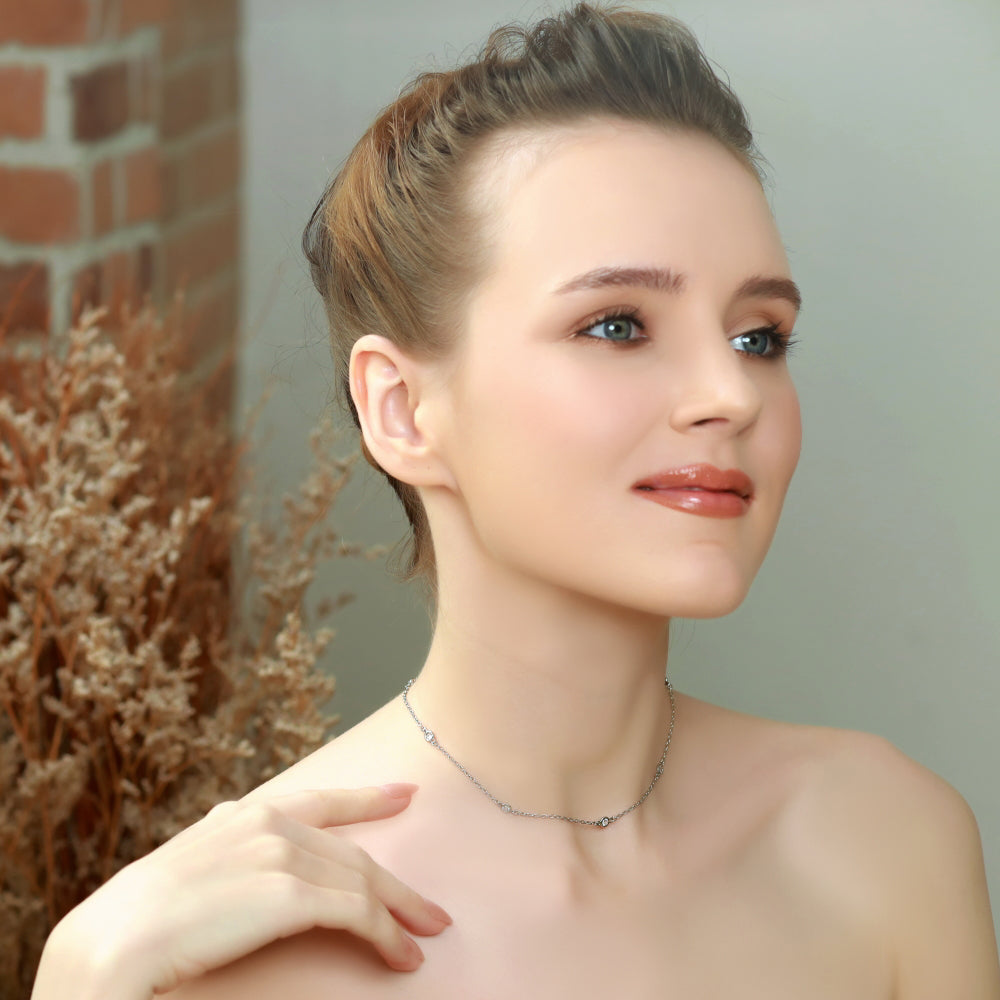 Sterling Silver Cubic Zirconia Station Layered Dainty Chain Choker Necklace