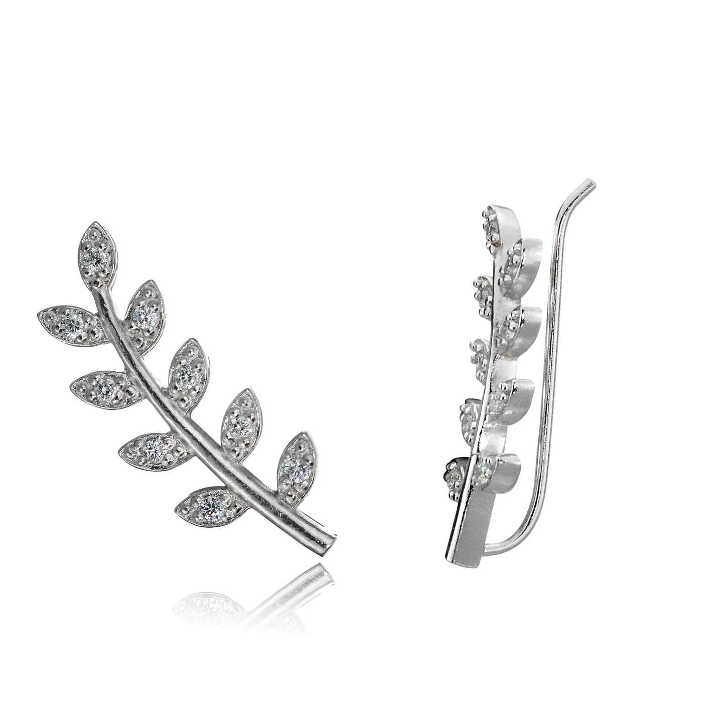 Sterling Silver Leaf Branch Cubic Zirconia Climber Crawler Hook Earrings