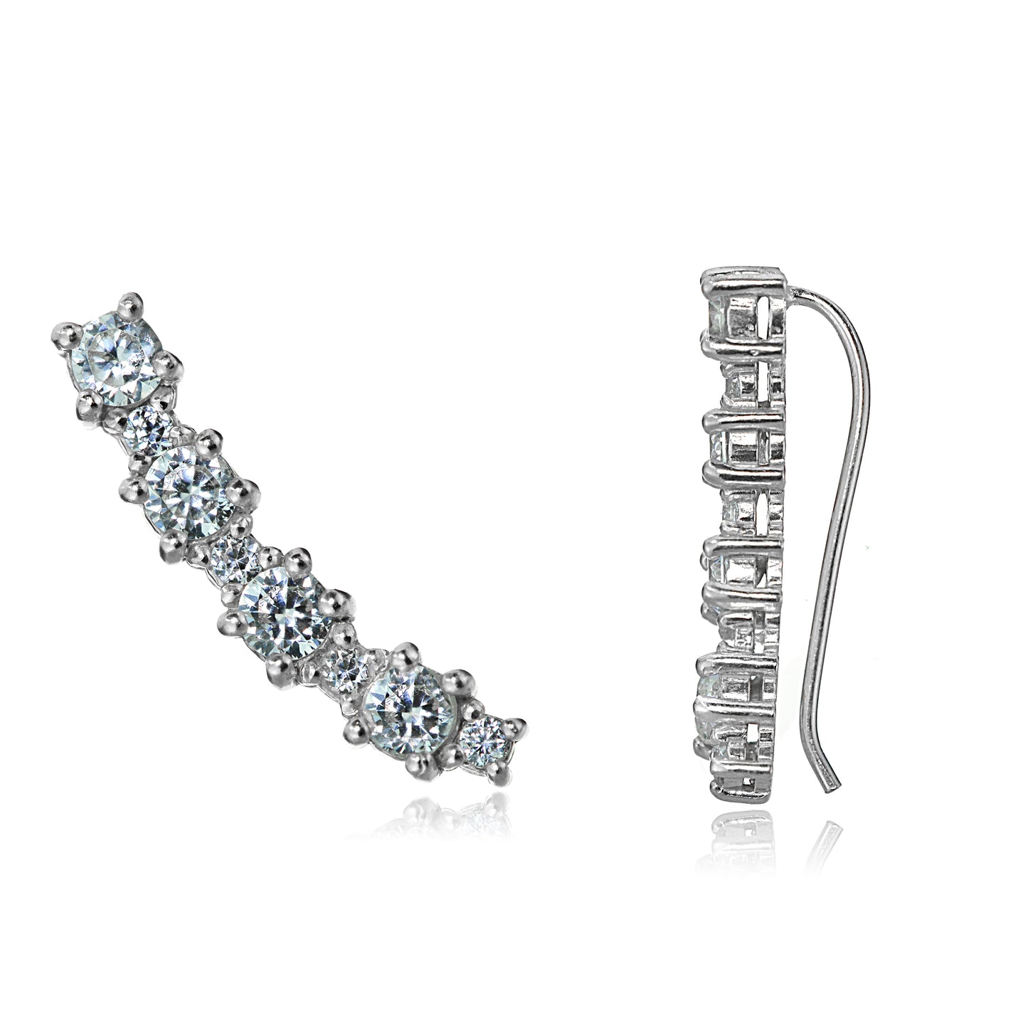 Sterling Silver Curved Round Cubic Zirconia Climber Crawler Hook Earrings