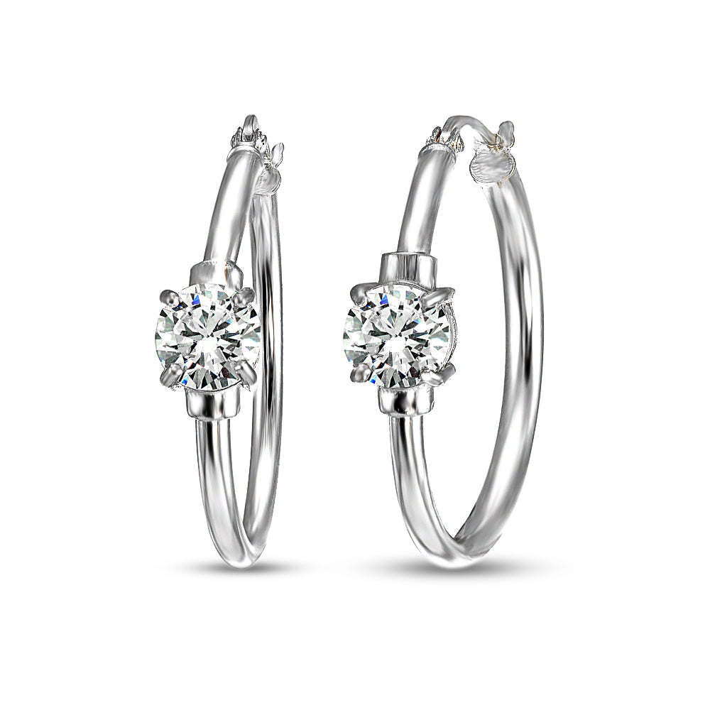 Sterling Silver Cubic Zirconia Solitaire 25mm Round 1" Hoop Earrings