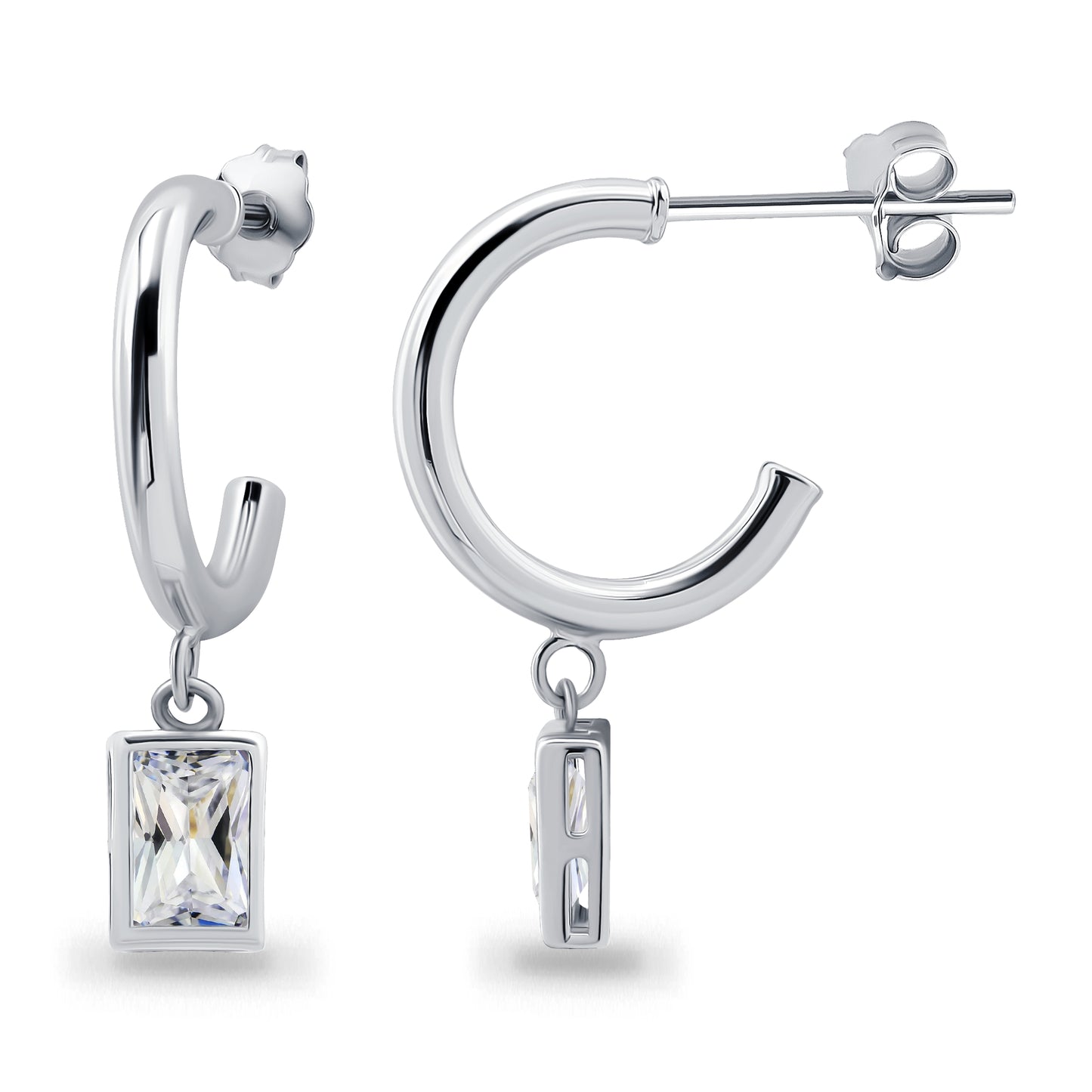Sterling Silver Emerald-Cut Cubic Zirconia Dangle Round Huggies Open Hoop Earrings